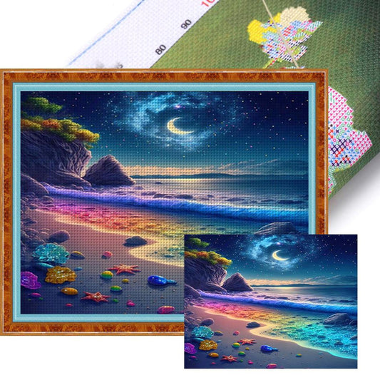 Colorful Waves And Beach - Full 11CT Stamped Cross Stitch 50x40CM - Yishu