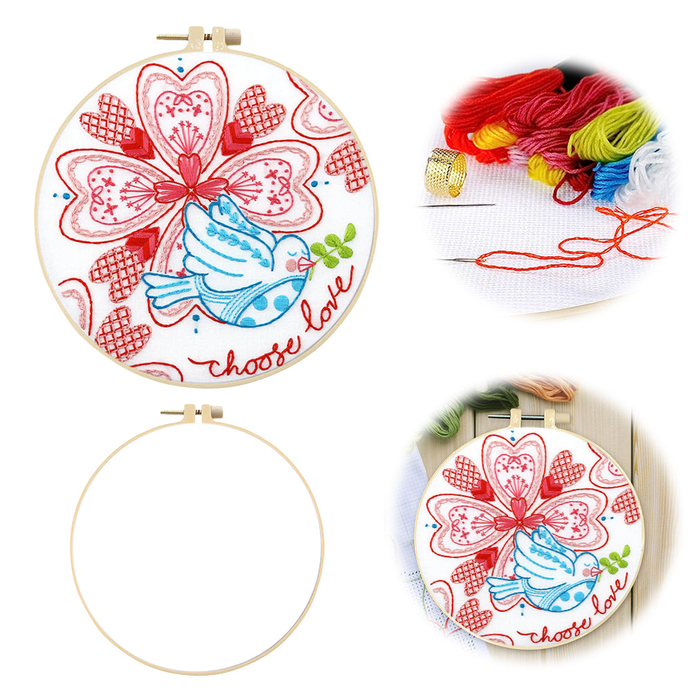 Four-Leaf Clover, Bird & Love Heart - DIY Embroidery Cross Stitch Kit with Pattern Cotton Threads Needles Hoop 30x30CM/11.81x11.81in