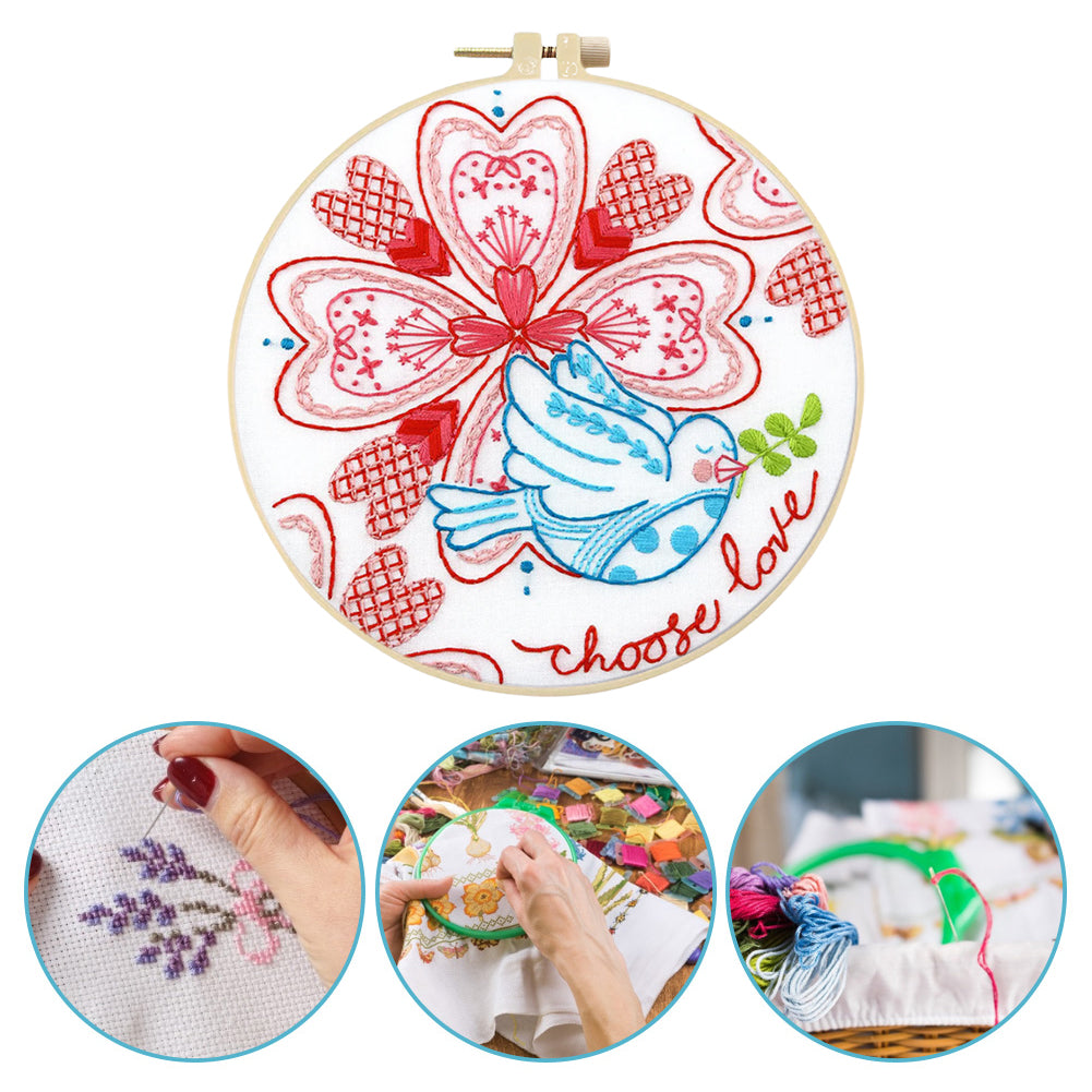 Four-Leaf Clover, Bird & Love Heart - DIY Embroidery Cross Stitch Kit with Pattern Cotton Threads Needles Hoop 30x30CM/11.81x11.81in