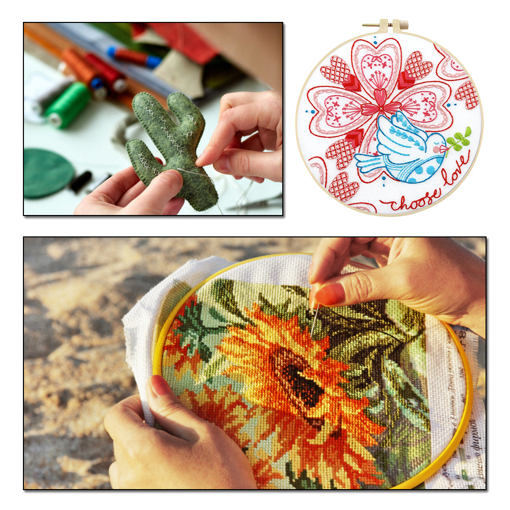 Four-Leaf Clover, Bird & Love Heart - DIY Embroidery Cross Stitch Kit with Pattern Cotton Threads Needles Hoop 30x30CM/11.81x11.81in