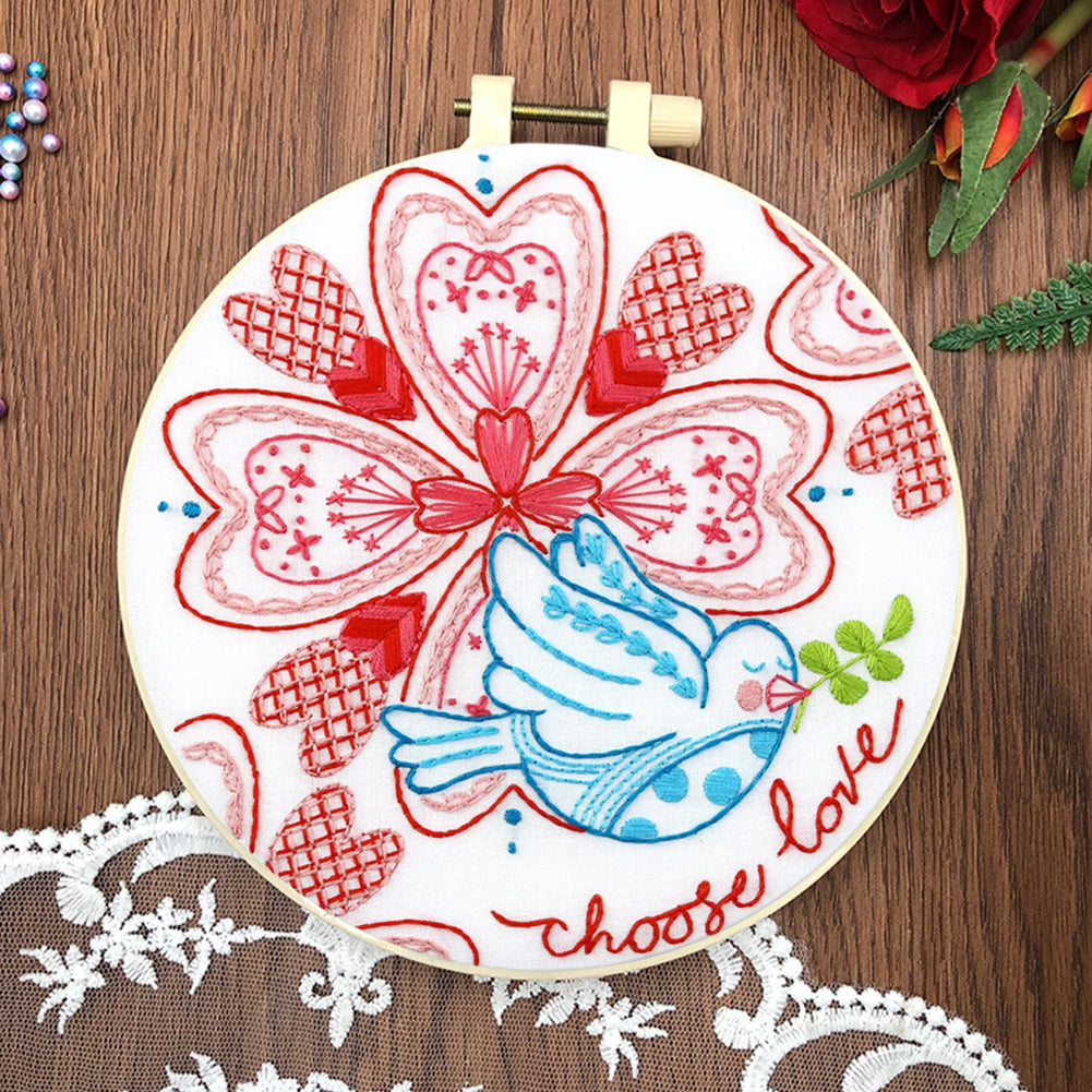 Four-Leaf Clover, Bird & Love Heart - DIY Embroidery Cross Stitch Kit with Pattern Cotton Threads Needles Hoop 30x30CM/11.81x11.81in