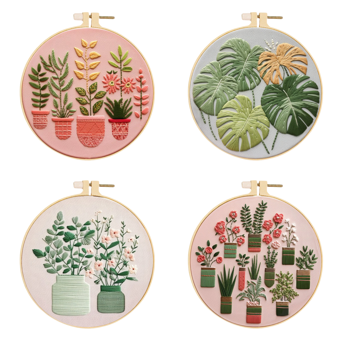 4PCS Plant Series - DIY Embroidery Cross Stitch Kit with Pattern Cotton Threads Needles Hoop 30x30CM/11.81x11.81in