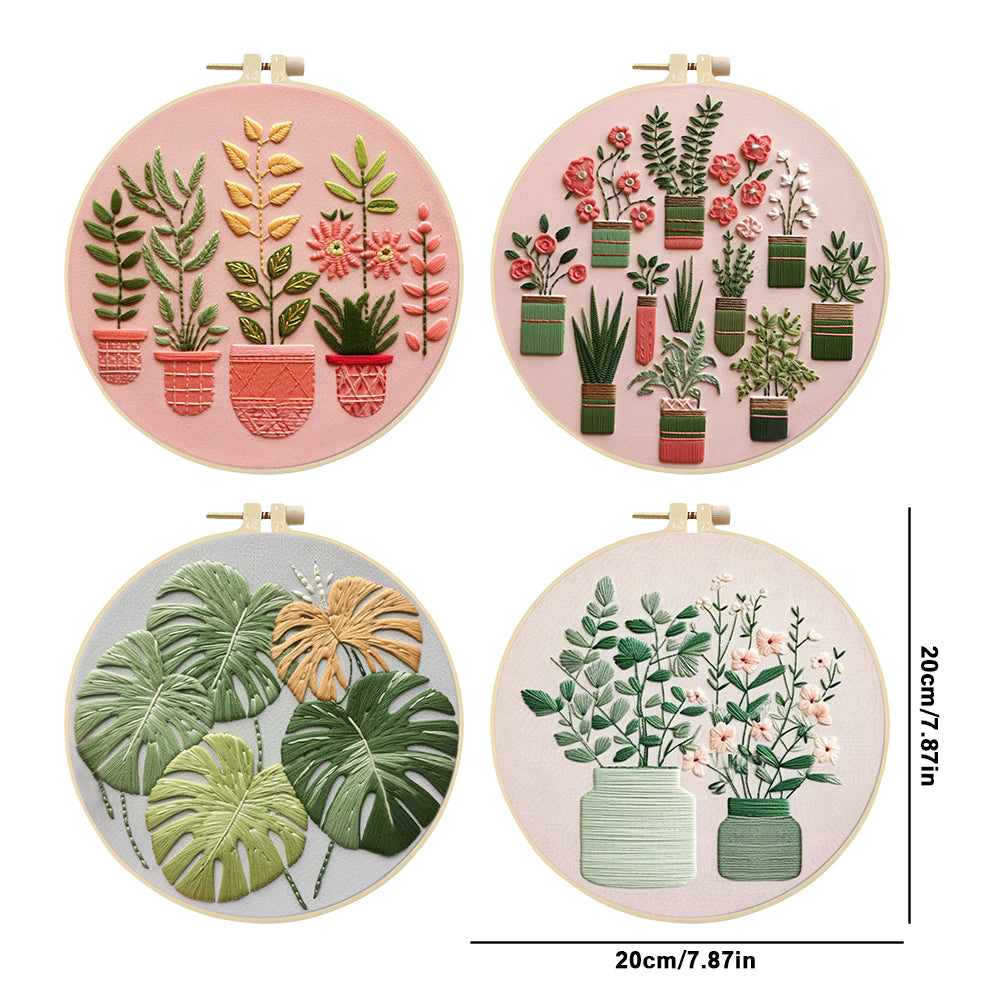 4PCS Plant Series - DIY Embroidery Cross Stitch Kit with Pattern Cotton Threads Needles Hoop 30x30CM/11.81x11.81in