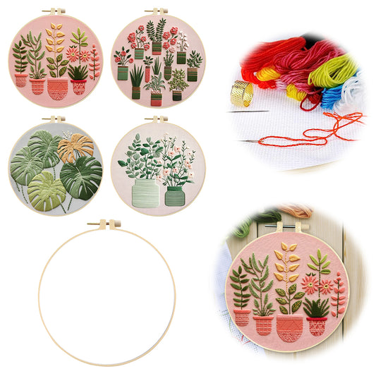 4PCS Plant Series - DIY Embroidery Cross Stitch Kit with Pattern Cotton Threads Needles Hoop 30x30CM/11.81x11.81in