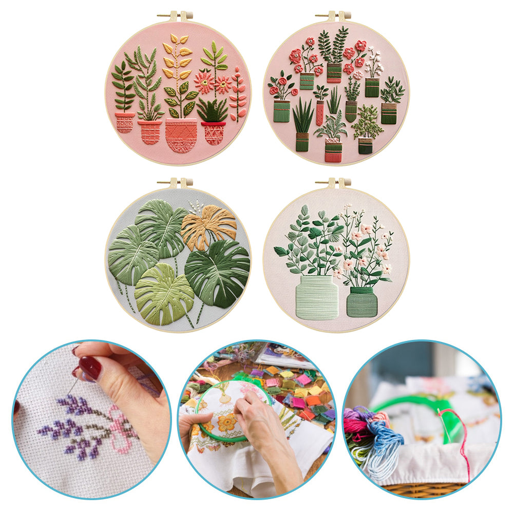 4PCS Plant Series - DIY Embroidery Cross Stitch Kit with Pattern Cotton Threads Needles Hoop 30x30CM/11.81x11.81in