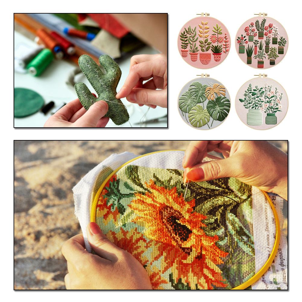 4PCS Plant Series - DIY Embroidery Cross Stitch Kit with Pattern Cotton Threads Needles Hoop 30x30CM/11.81x11.81in