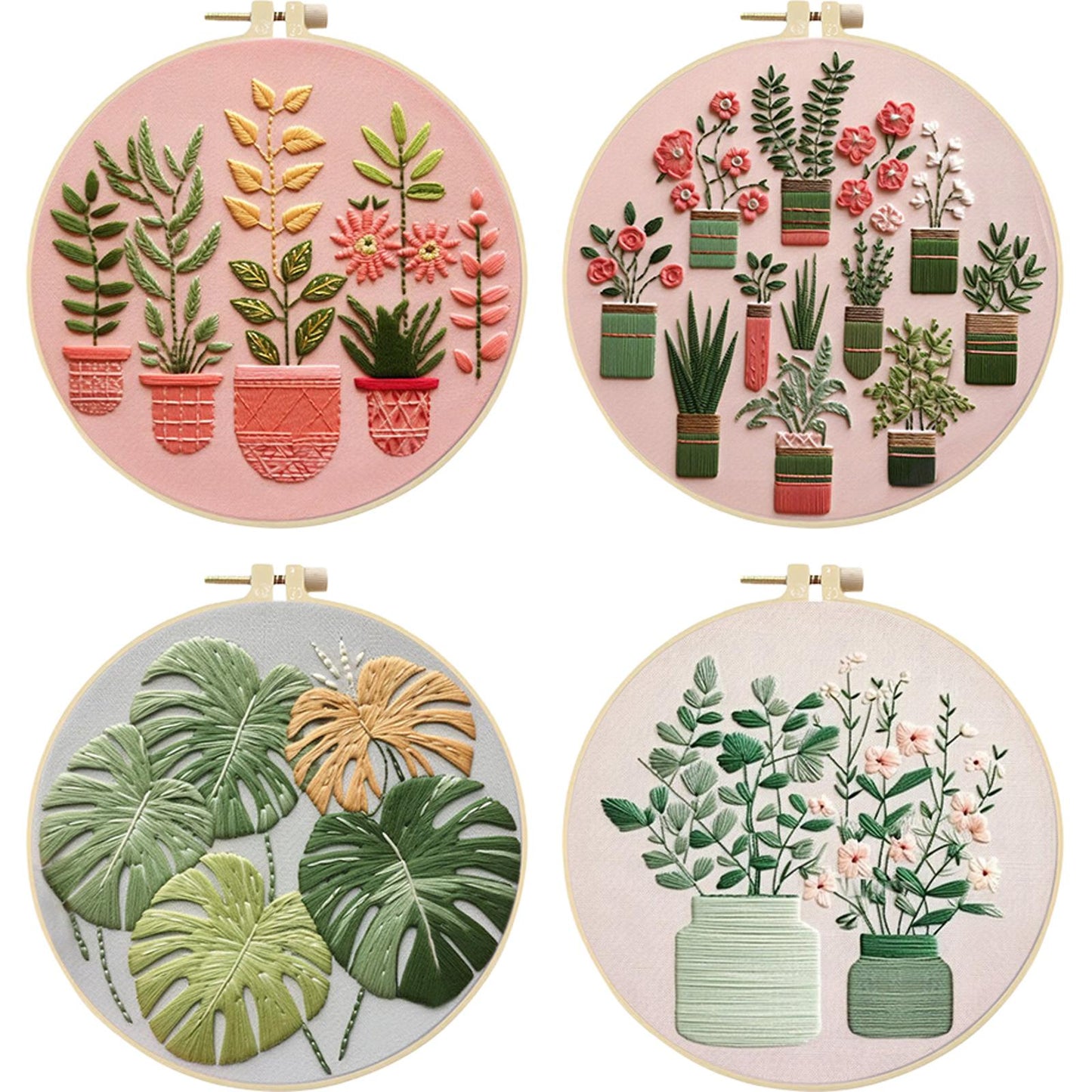 4PCS Plant Series - DIY Embroidery Cross Stitch Kit with Pattern Cotton Threads Needles Hoop 30x30CM/11.81x11.81in