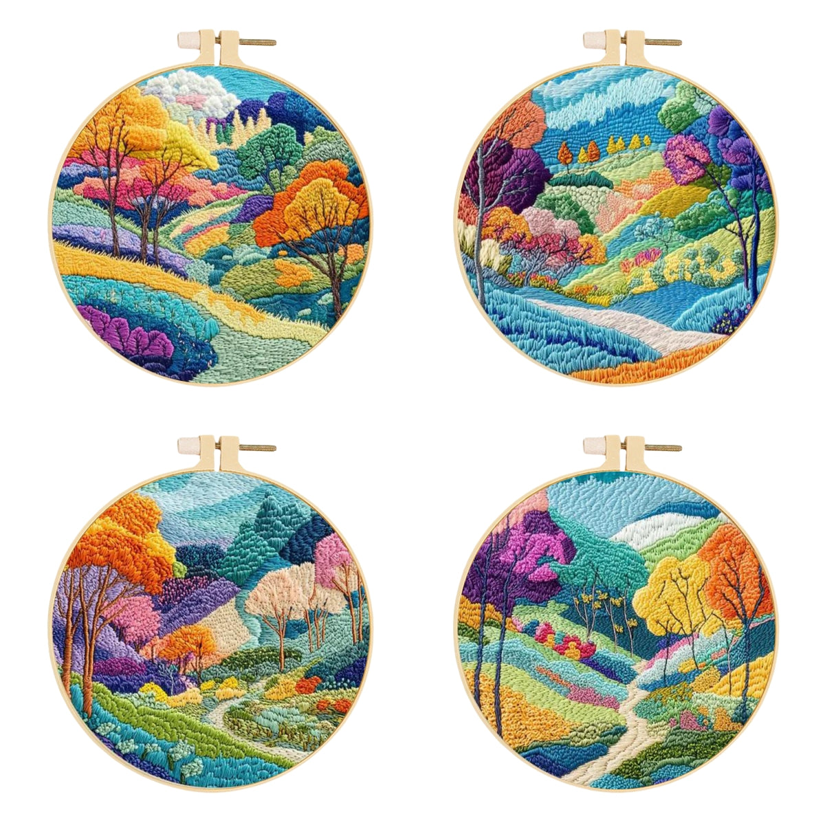 4PCS Colorful Forest - DIY Embroidery Cross Stitch Kit with Pattern Cotton Threads Needles Hoop 30x30CM/11.81x11.81in