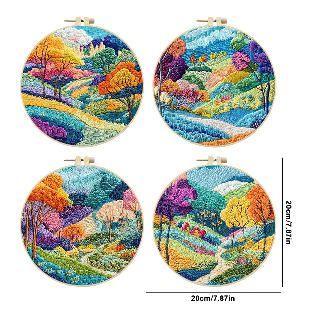 4PCS Colorful Forest - DIY Embroidery Cross Stitch Kit with Pattern Cotton Threads Needles Hoop 30x30CM/11.81x11.81in