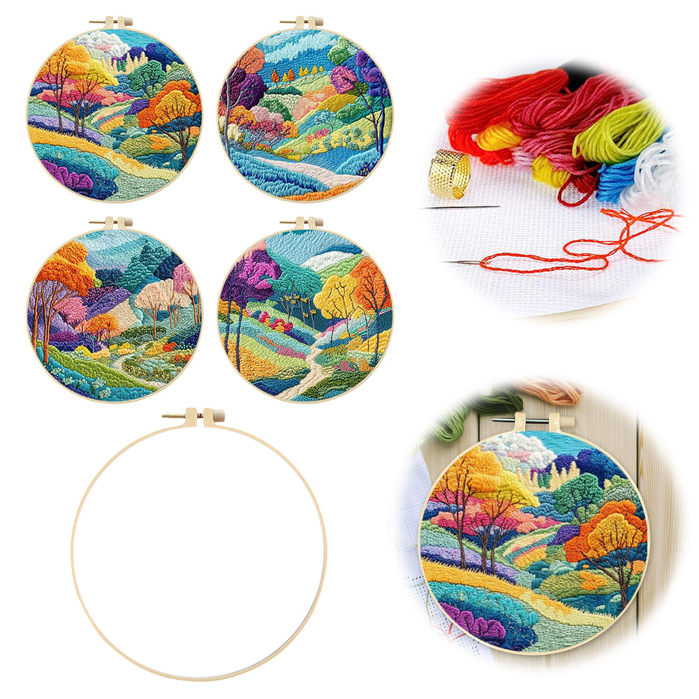 4PCS Colorful Forest - DIY Embroidery Cross Stitch Kit with Pattern Cotton Threads Needles Hoop 30x30CM/11.81x11.81in