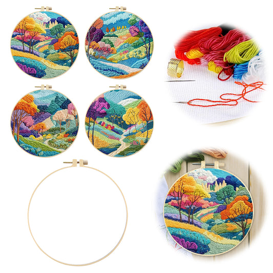 4PCS Colorful Forest - DIY Embroidery Cross Stitch Kit with Pattern Cotton Threads Needles Hoop 30x30CM/11.81x11.81in