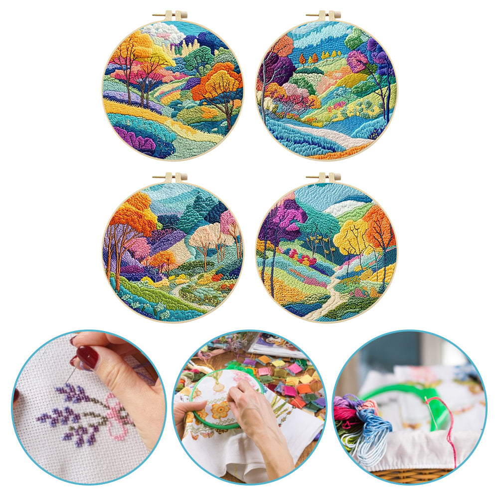 4PCS Colorful Forest - DIY Embroidery Cross Stitch Kit with Pattern Cotton Threads Needles Hoop 30x30CM/11.81x11.81in