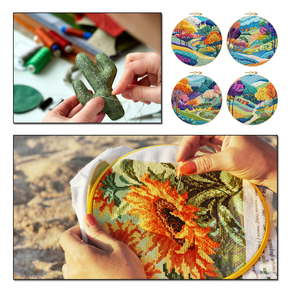 4PCS Colorful Forest - DIY Embroidery Cross Stitch Kit with Pattern Cotton Threads Needles Hoop 30x30CM/11.81x11.81in