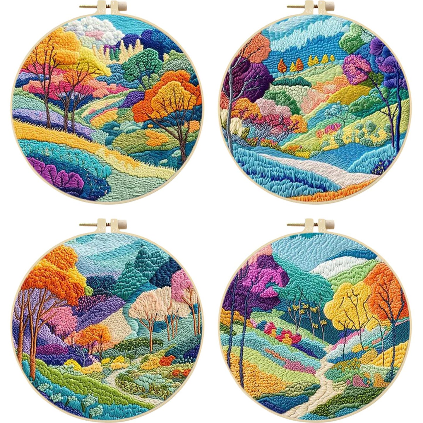 4PCS Colorful Forest - DIY Embroidery Cross Stitch Kit with Pattern Cotton Threads Needles Hoop 30x30CM/11.81x11.81in
