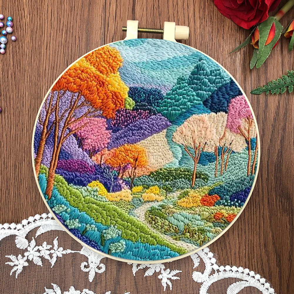 4PCS Colorful Forest - DIY Embroidery Cross Stitch Kit with Pattern Cotton Threads Needles Hoop 30x30CM/11.81x11.81in