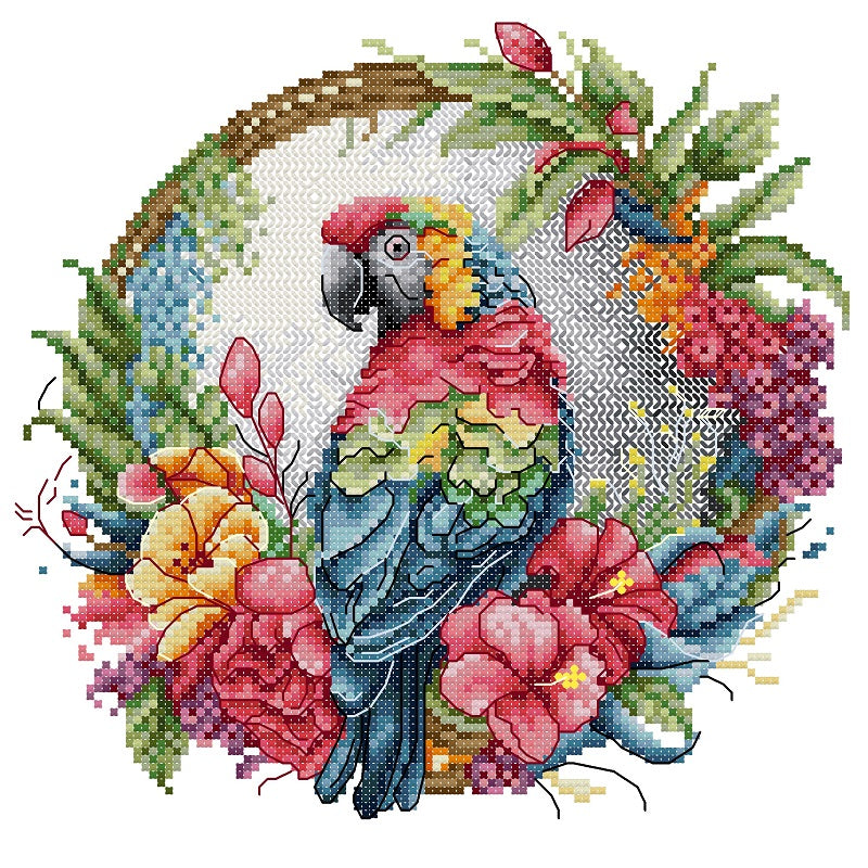 Parrot On Wreath - Partial 14CT Stamped Cross Stitch 27x27CM - Joy Sunday Backstitch