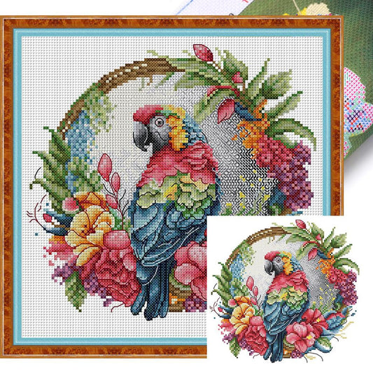 Parrot On Wreath - Partial 14CT Stamped Cross Stitch 27x27CM - Joy Sunday Backstitch