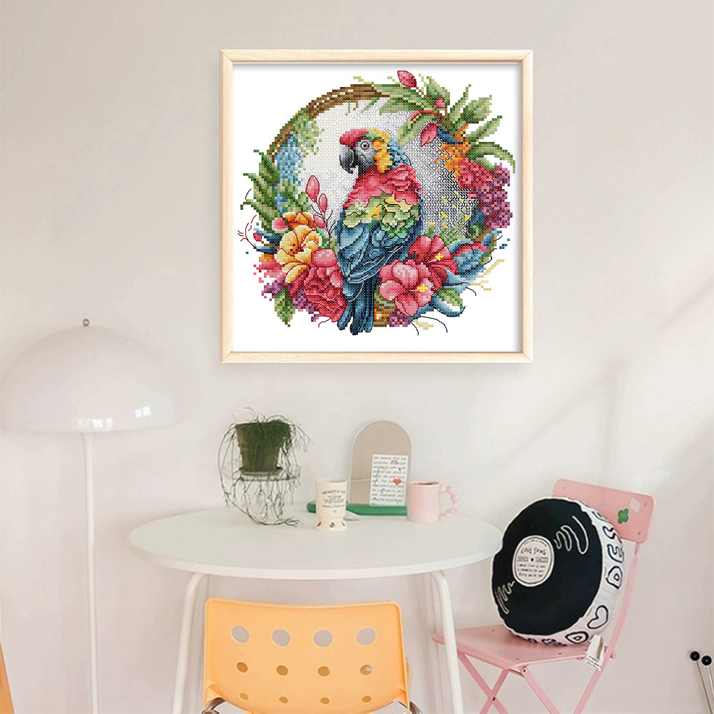 Parrot On Wreath - Partial 14CT Stamped Cross Stitch 27x27CM - Joy Sunday Backstitch
