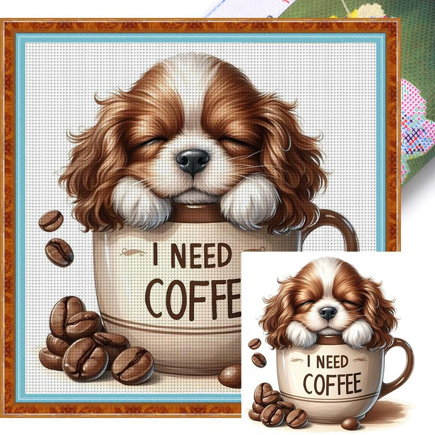 Dog In Coffee Cup - Full 11CT Stamped Cross Stitch 40x40CM - Yishu