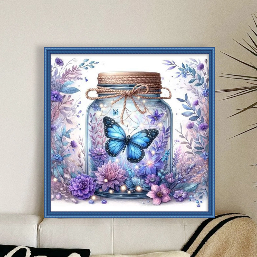 Rose And Butterfly In Bottle - Full 18CT Stamped Cross Stitch 50x50CM - Huacan