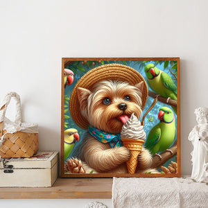 Summer Straw Hat Ice Cream Yorkshire Parrot 30*30CM(Canvas) Full Round Drill Diamond Painting