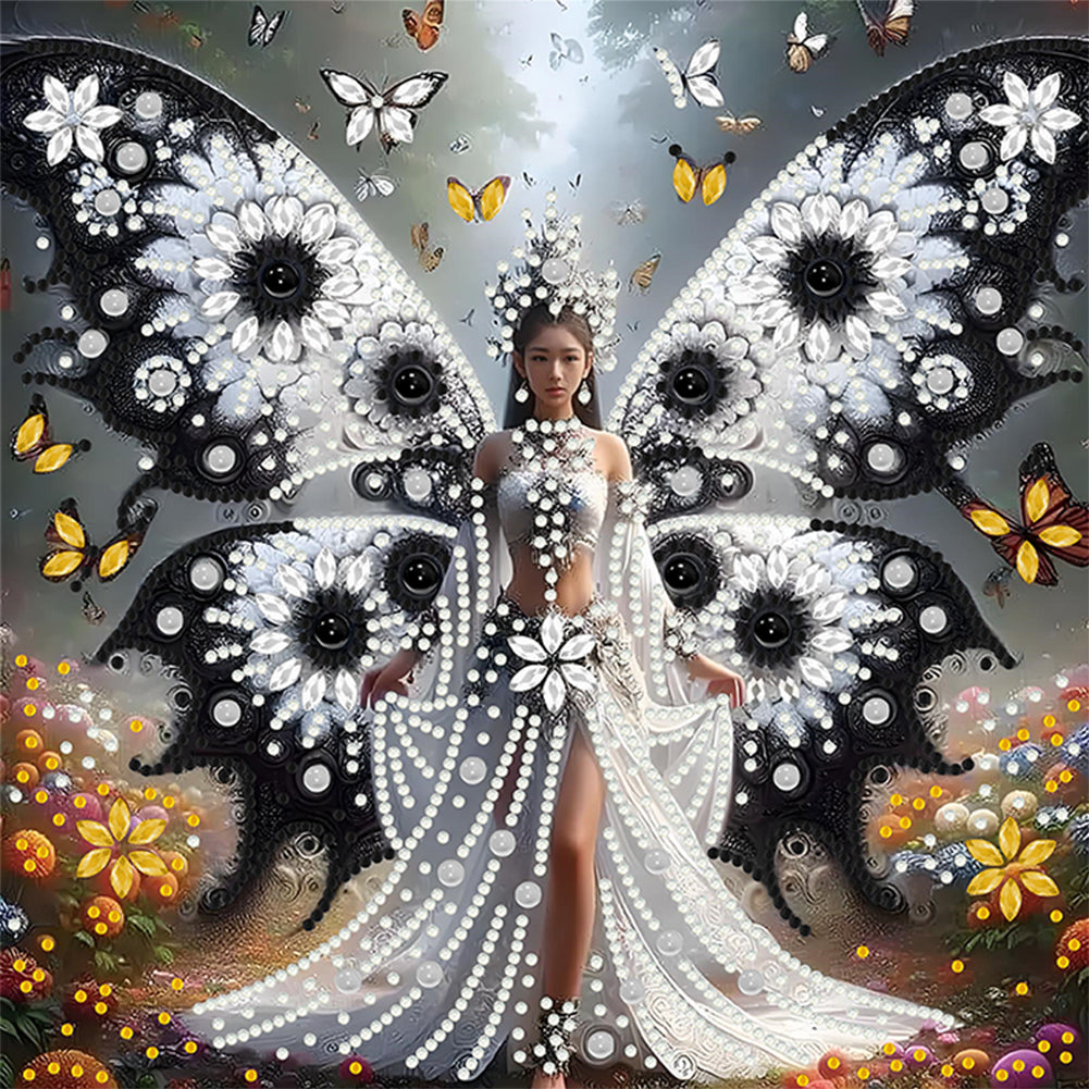 White And Black Butterfly Girl 30*30CM(Canvas) Partial Special Shaped Drill Diamond Painting