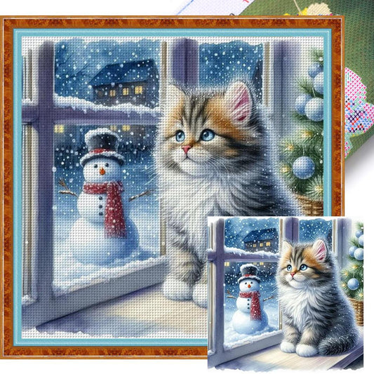 Cat By Window - Full 11CT Stamped Cross Stitch 40x40CM - Yishu