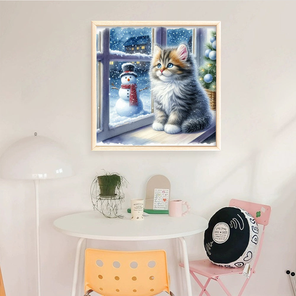 Cat By Window - Full 11CT Stamped Cross Stitch 40x40CM - Yishu