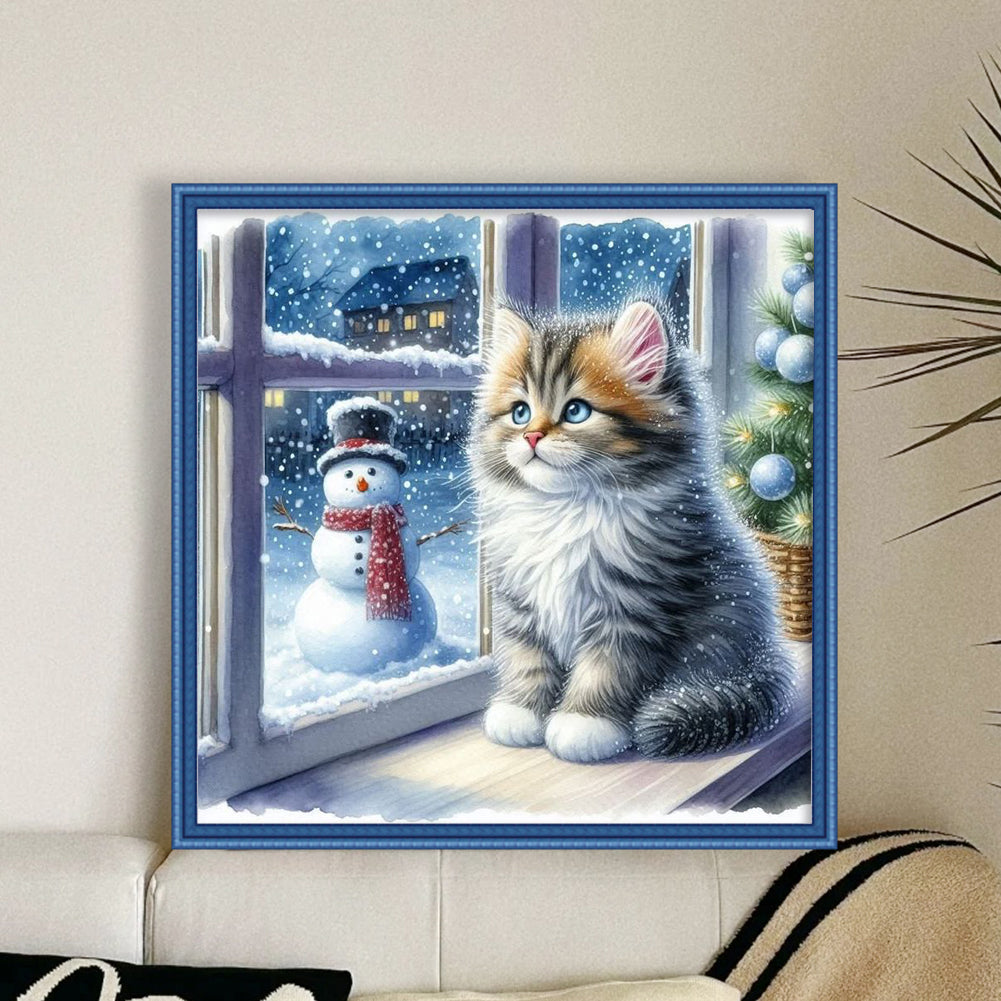 Cat By Window - Full 11CT Stamped Cross Stitch 40x40CM - Yishu