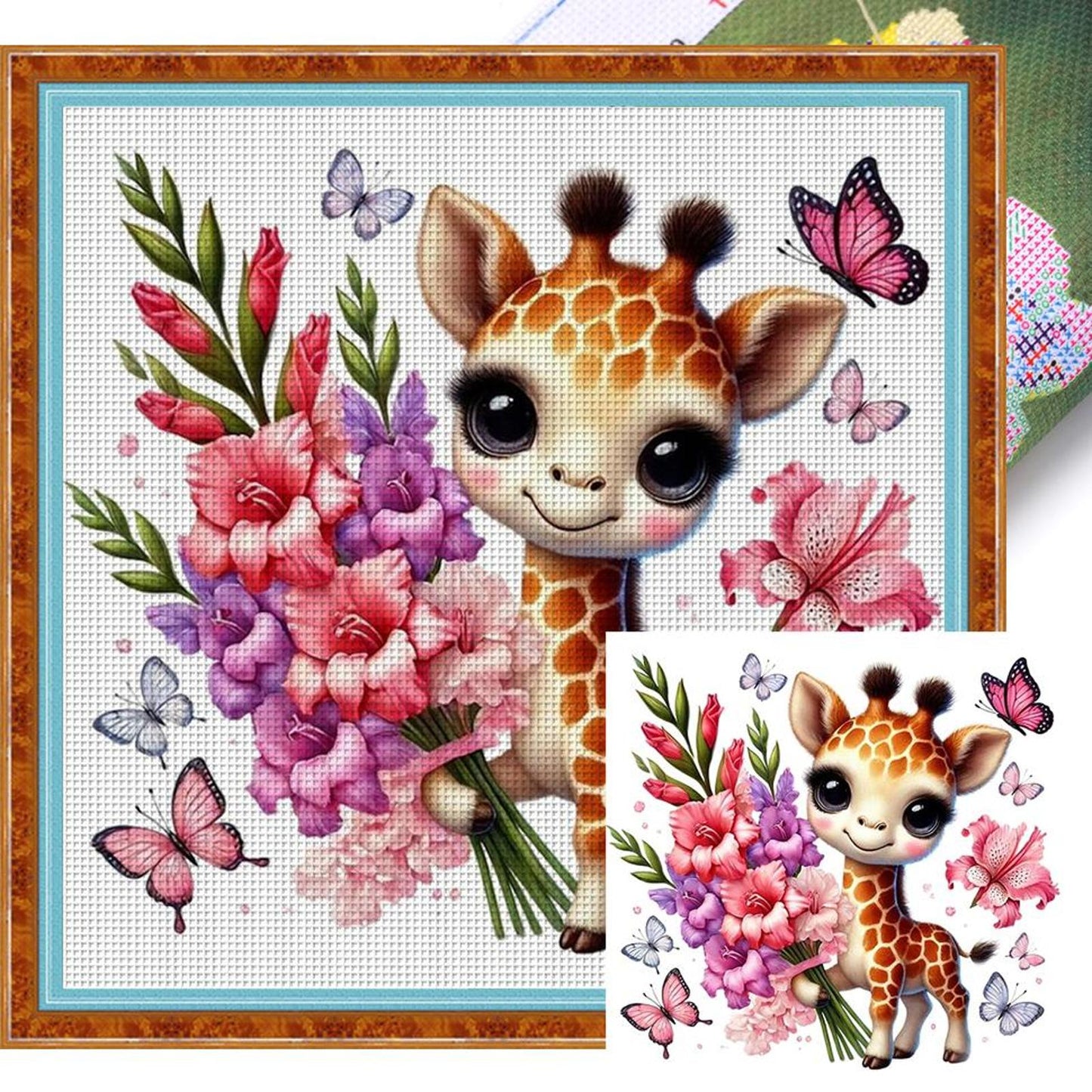 Giraffe And Flowers - Full 11CT Stamped Cross Stitch 40x40CM - Huacan