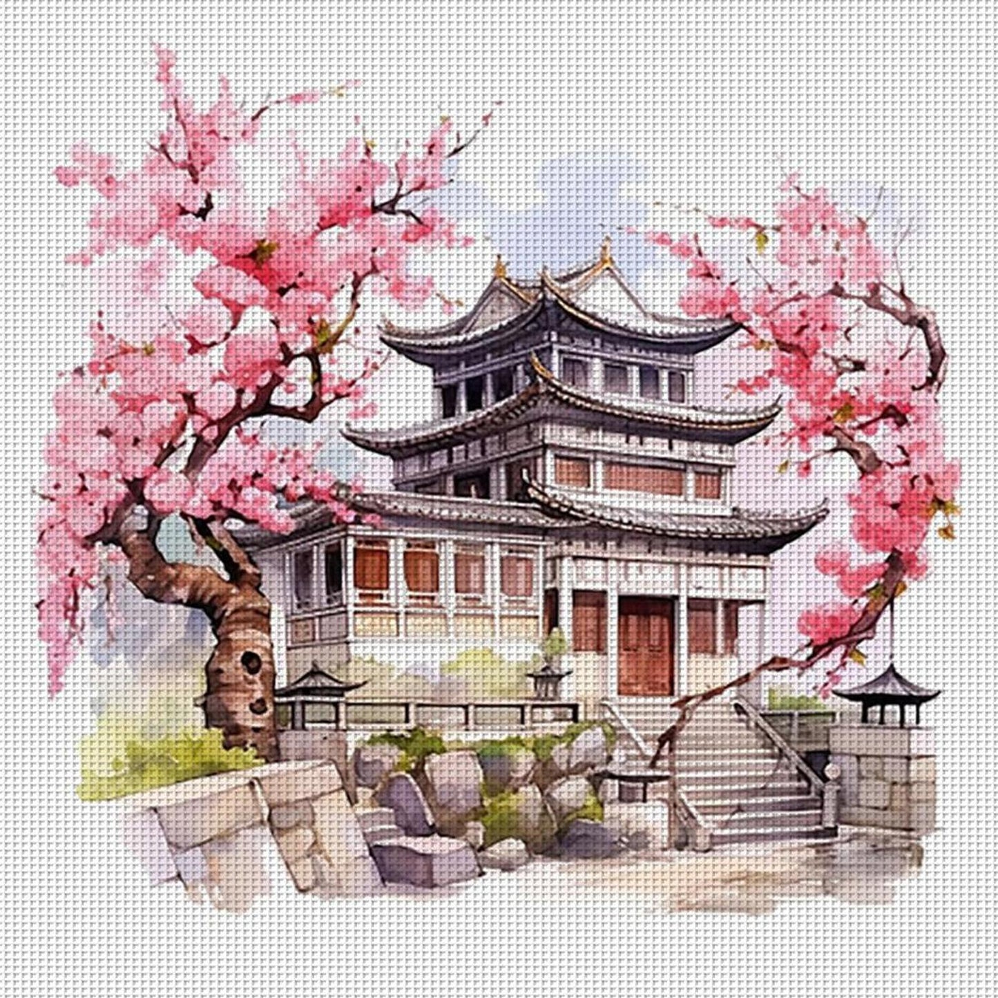 Peach Blossom Pavilion - Full 11CT Stamped Cross Stitch 40x40CM - Huacan