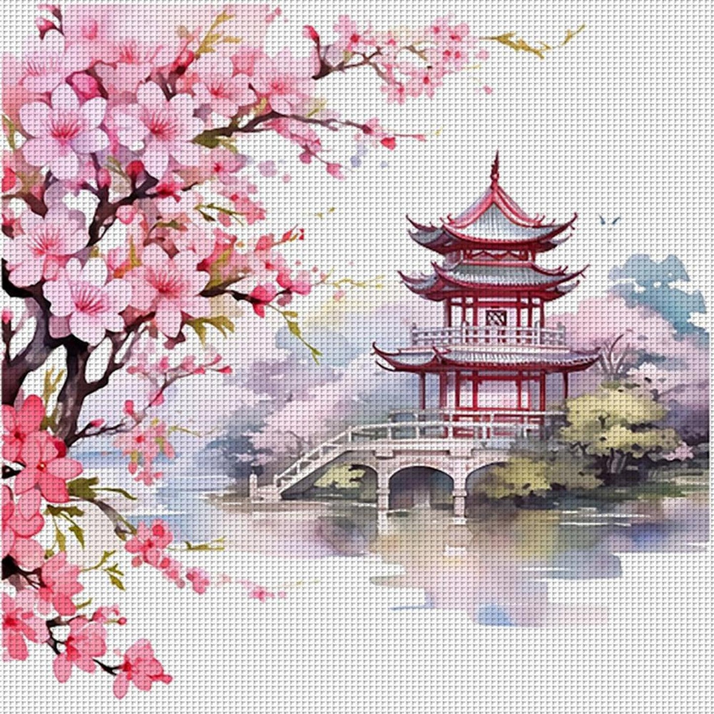 Peach Blossom Pavilion - Full 11CT Stamped Cross Stitch 40x40CM - Huacan