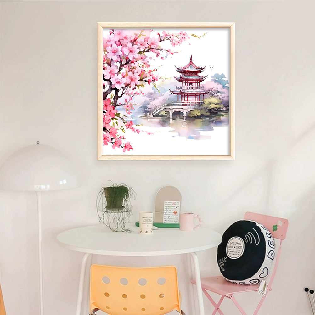 Peach Blossom Pavilion - Full 11CT Stamped Cross Stitch 40x40CM - Huacan