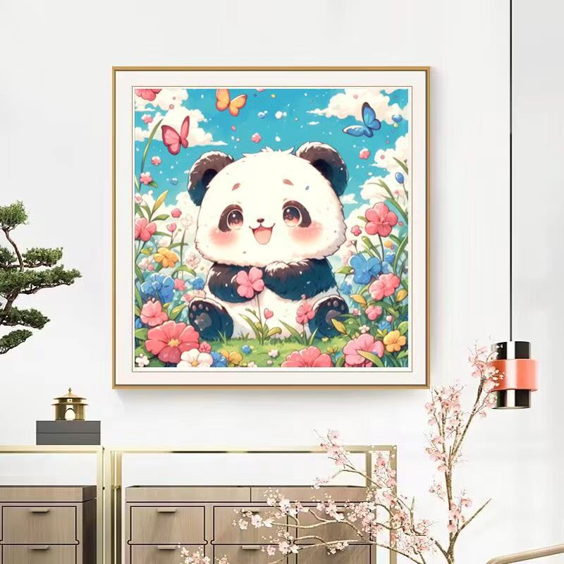 Panda Among Flowers - Full 11CT Stamped Cross Stitch - Bead Embroidery 50x50CM/19.69x19.69in