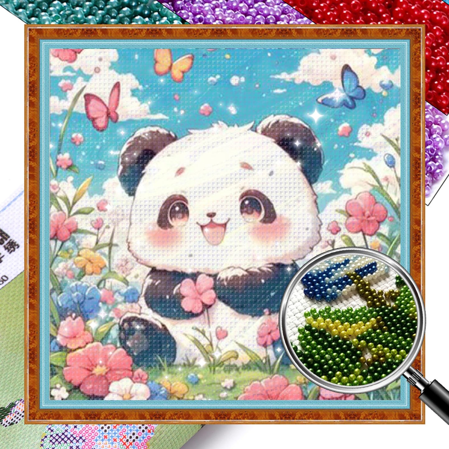 Panda Among Flowers - Full 11CT Stamped Cross Stitch - Bead Embroidery 50x50CM/19.69x19.69in