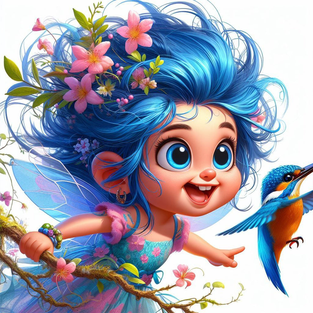 Blue-Haired Elf Girl And Hummingbird 40*40CM(Canvas) Full Round Drill Diamond Painting