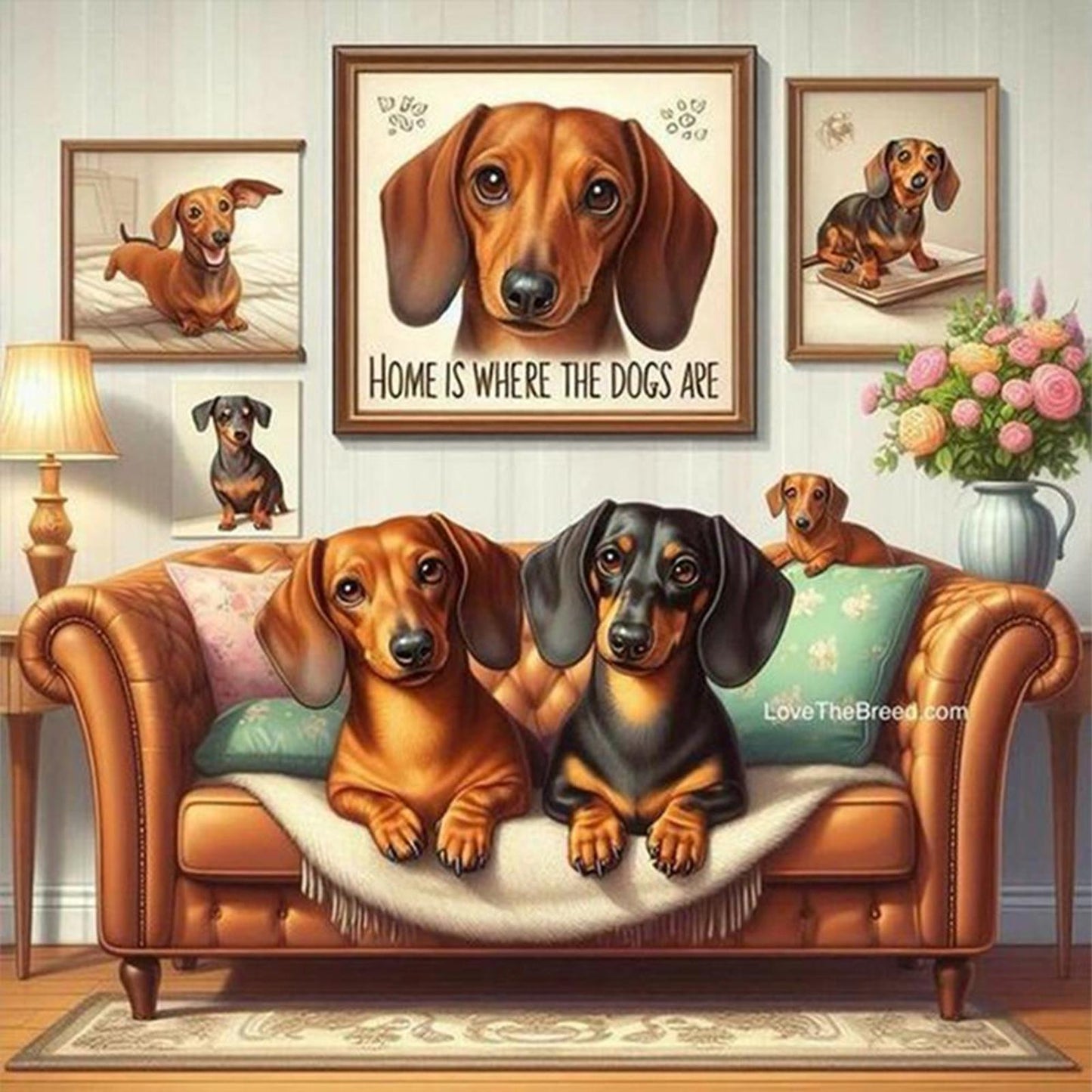 Dachshund On Sofa - Full 11CT Stamped Cross Stitch 45x45CM - Huacan