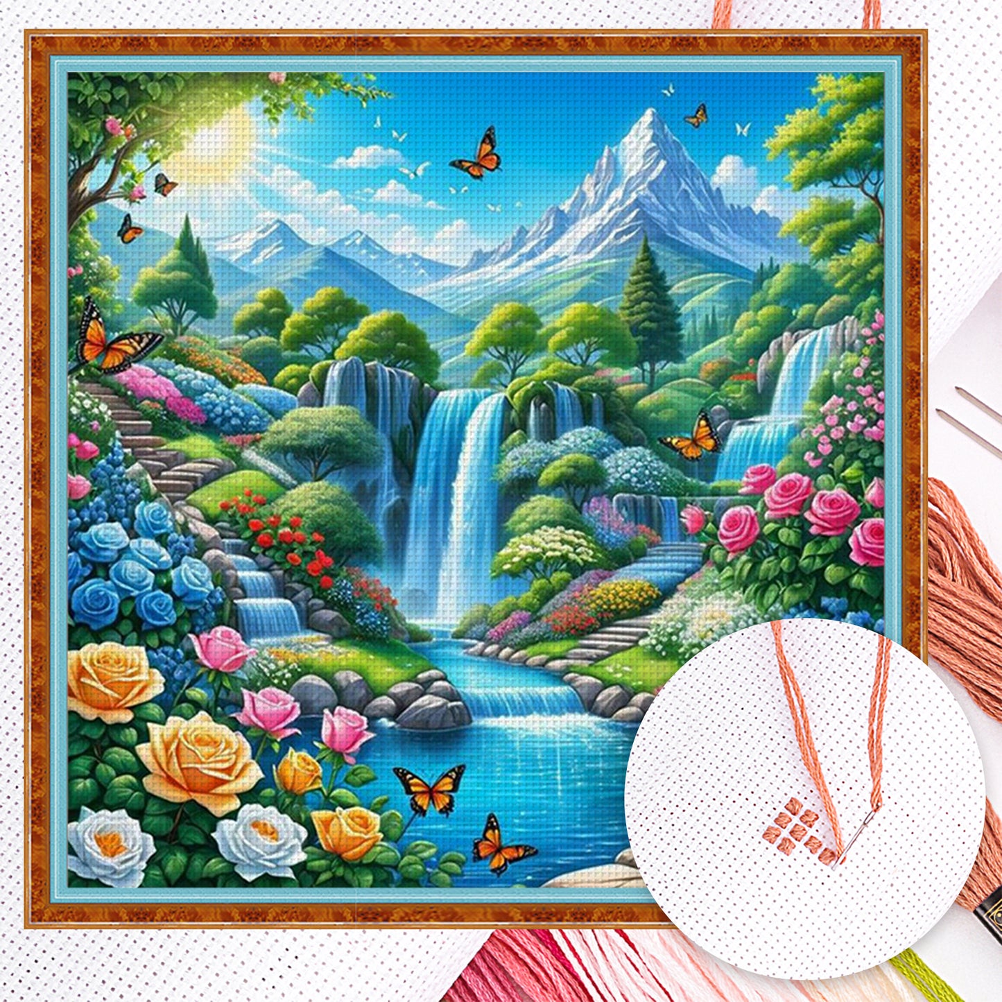Mountains And Waterfall - Full 14CT Counted Cross Stitch 40x40CM - Yishu