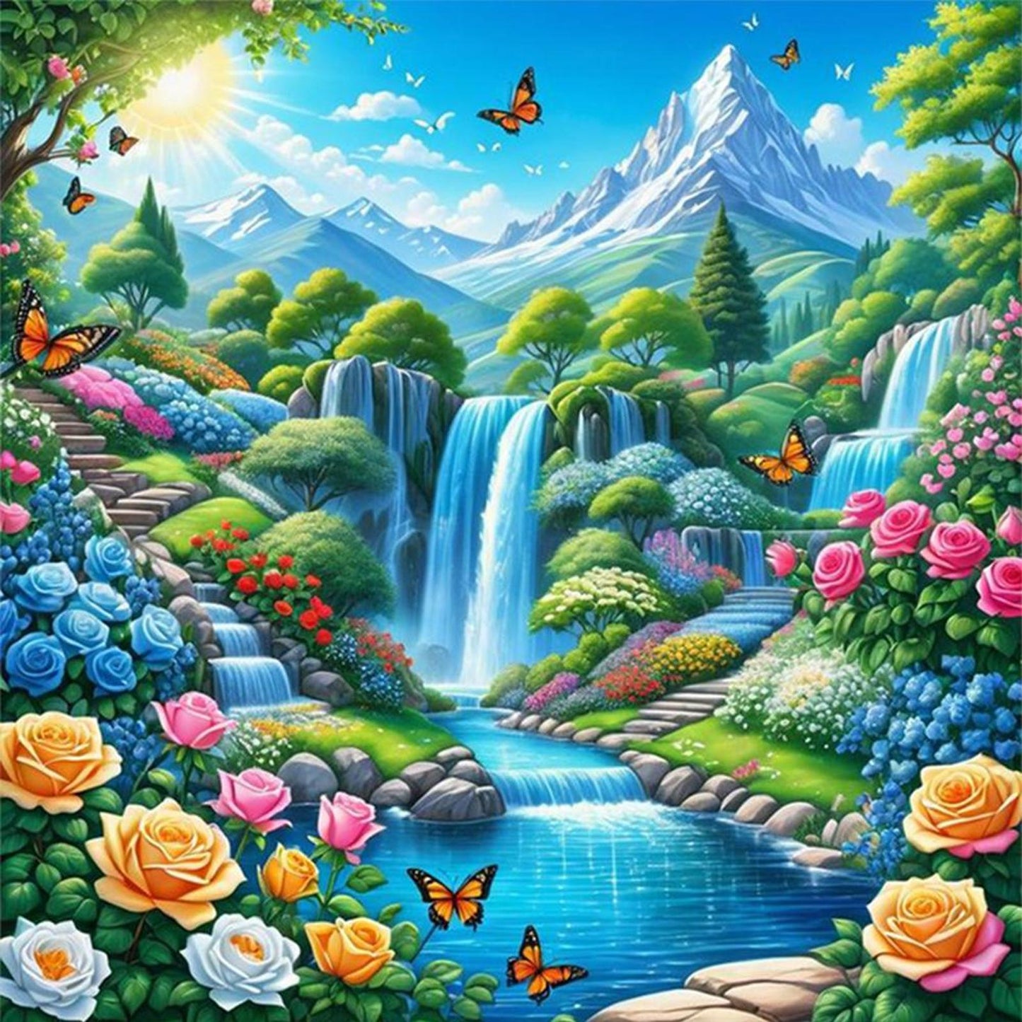 Mountains And Waterfall - Full 14CT Counted Cross Stitch 40x40CM - Yishu