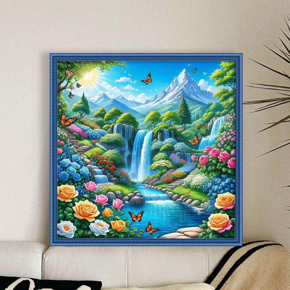 Mountains And Waterfall - Full 14CT Counted Cross Stitch 40x40CM - Yishu