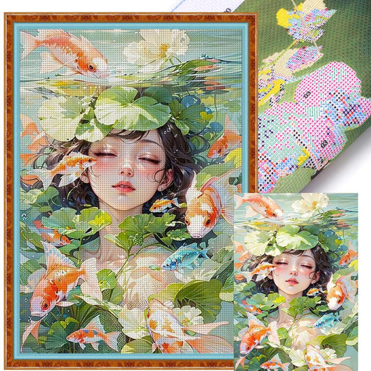 Koi Girl - Full 11CT Stamped Cross Stitch 45x65CM - Huacan