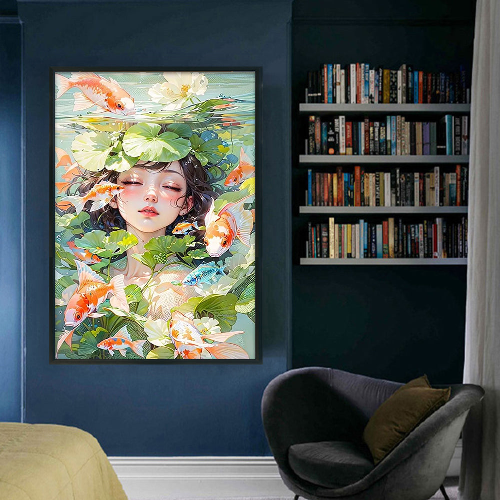 Koi Girl - Full 11CT Stamped Cross Stitch 45x65CM - Huacan