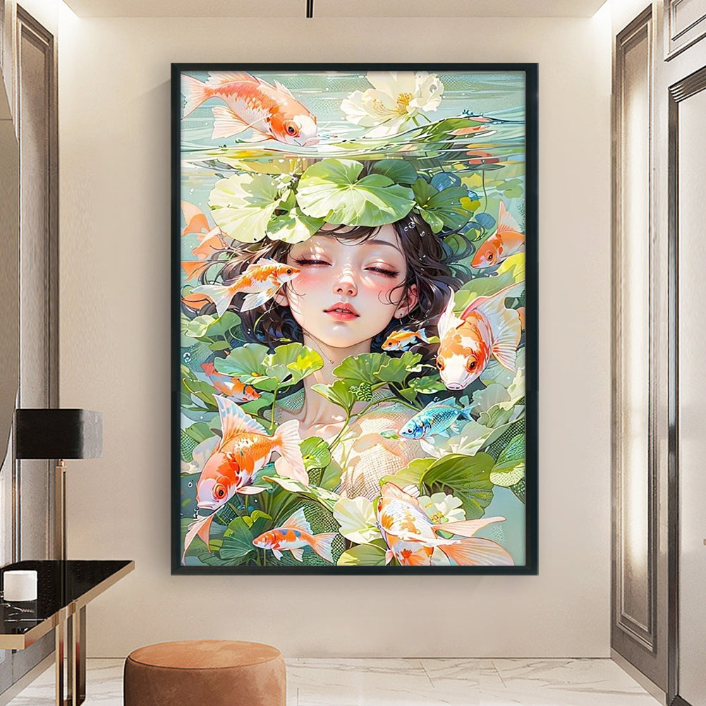 Koi Girl - Full 11CT Stamped Cross Stitch 45x65CM - Huacan