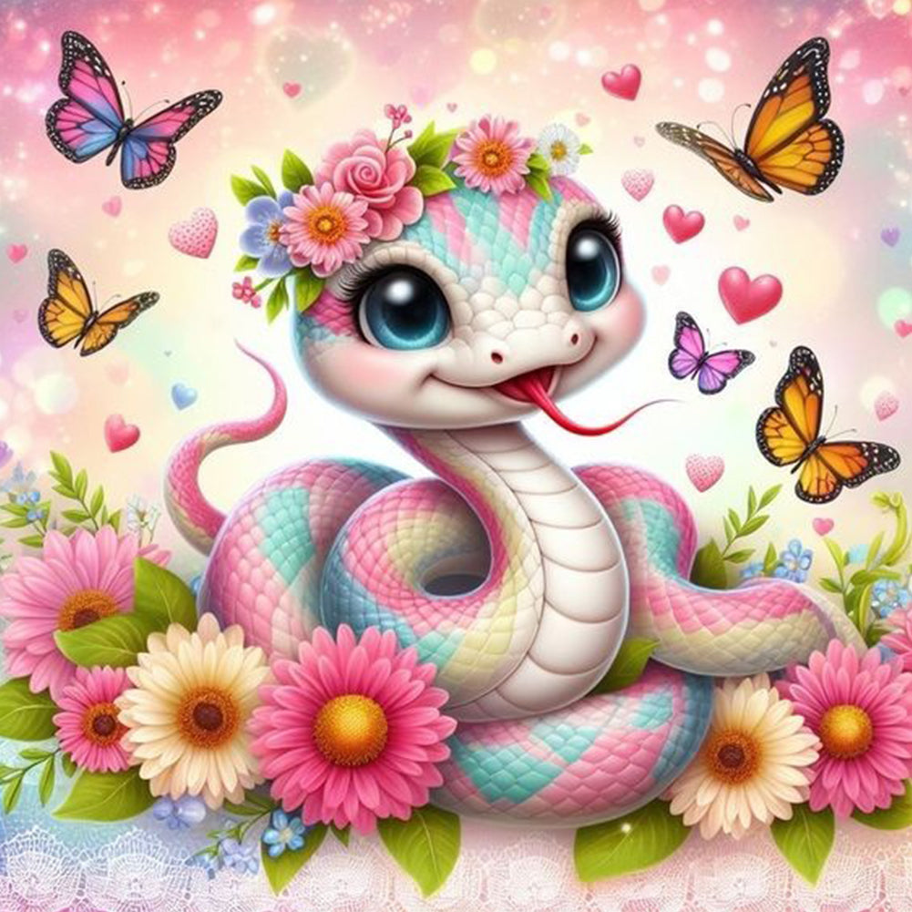 Daisy Butterfly Pink Snake 40*40CM(Canvas) Full Round Drill Diamond Painting