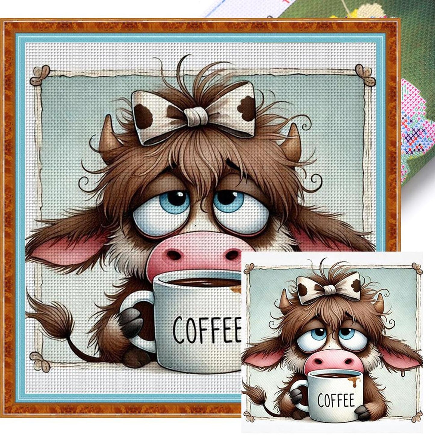 Cow Drinking Coffee - Full 11CT Stamped Cross Stitch 40x40CM - Yishu