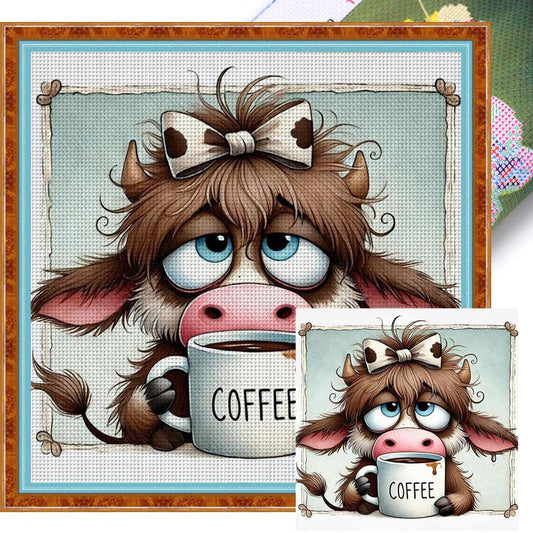 Cow Drinking Coffee - Full 11CT Stamped Cross Stitch 40x40CM - Yishu
