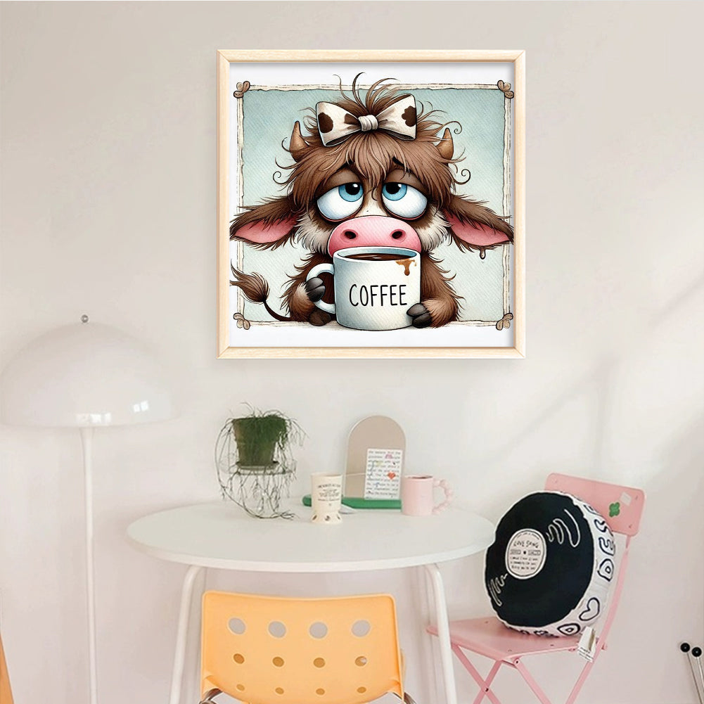 Cow Drinking Coffee - Full 11CT Stamped Cross Stitch 40x40CM - Yishu