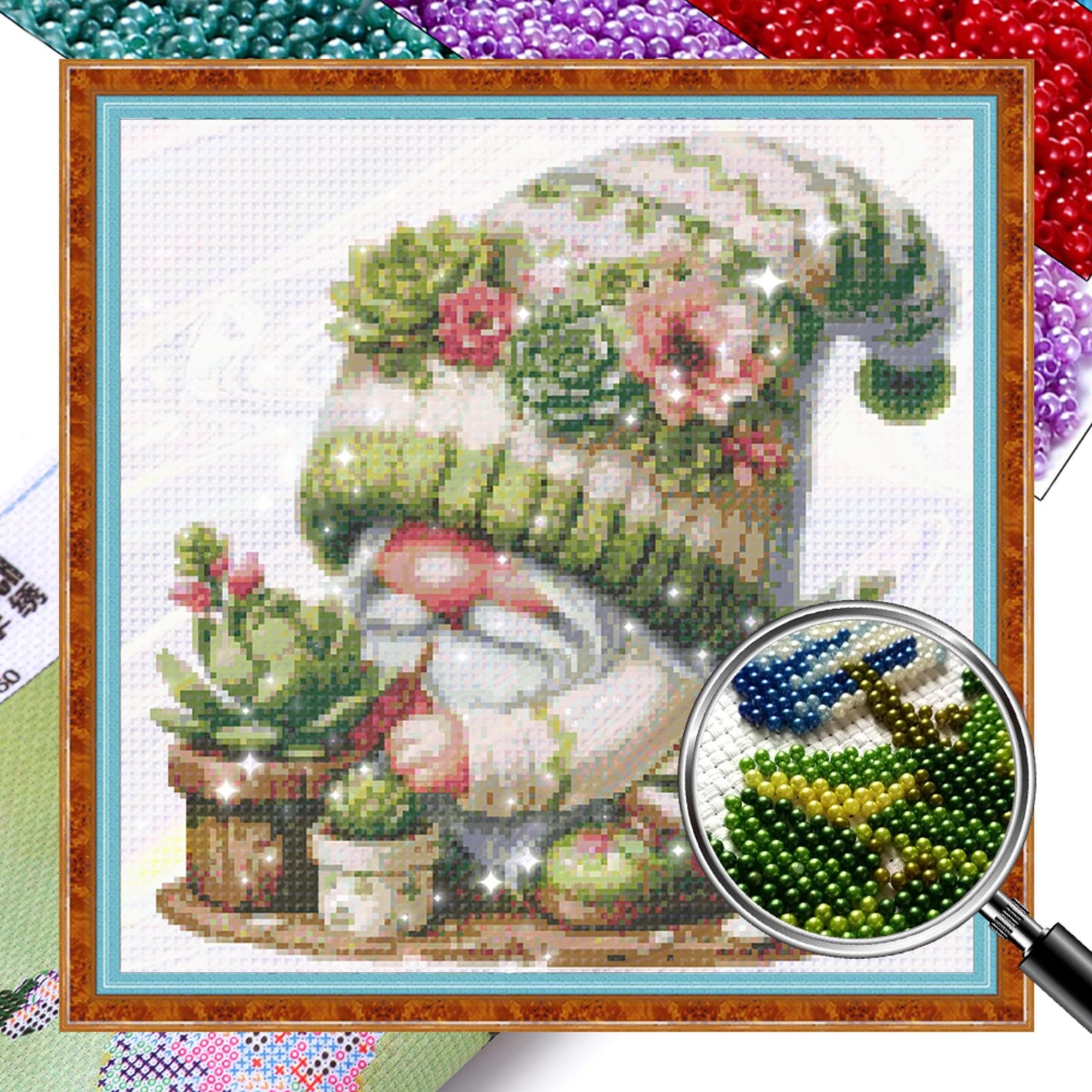 Succulent Gnome - Partial  9CT Stamped Cross Stitch - Bead Embroidery 40x40CM/15.75x15.75in