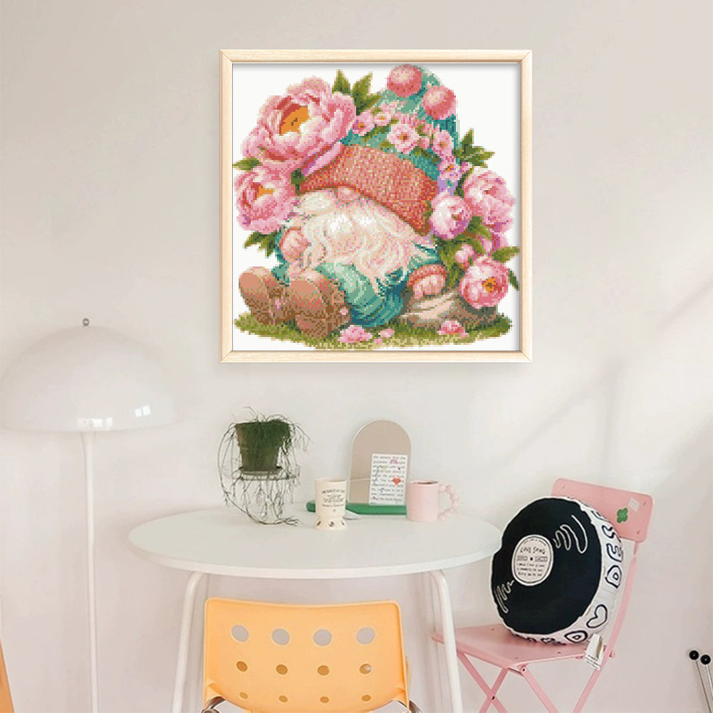Peony Gnome - Partial  9CT Stamped Cross Stitch - Bead Embroidery 40x40CM/15.75x15.75in