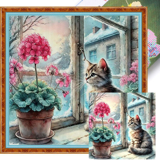 Cat By Window - Full 11CT Stamped Cross Stitch 50x50CM - Yishu